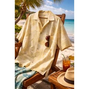 Tommy Bahama Silk Button Down Tropical Print XL Cream Yellow Green‎